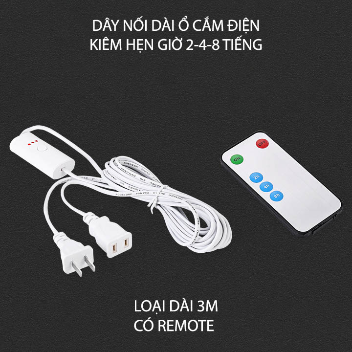 Ổ cắm nối dài kiêm hẹn giờ tự tắt 2-4-8 giờ, dài 3.0m, loại có hoặc không có remote tùy chọn