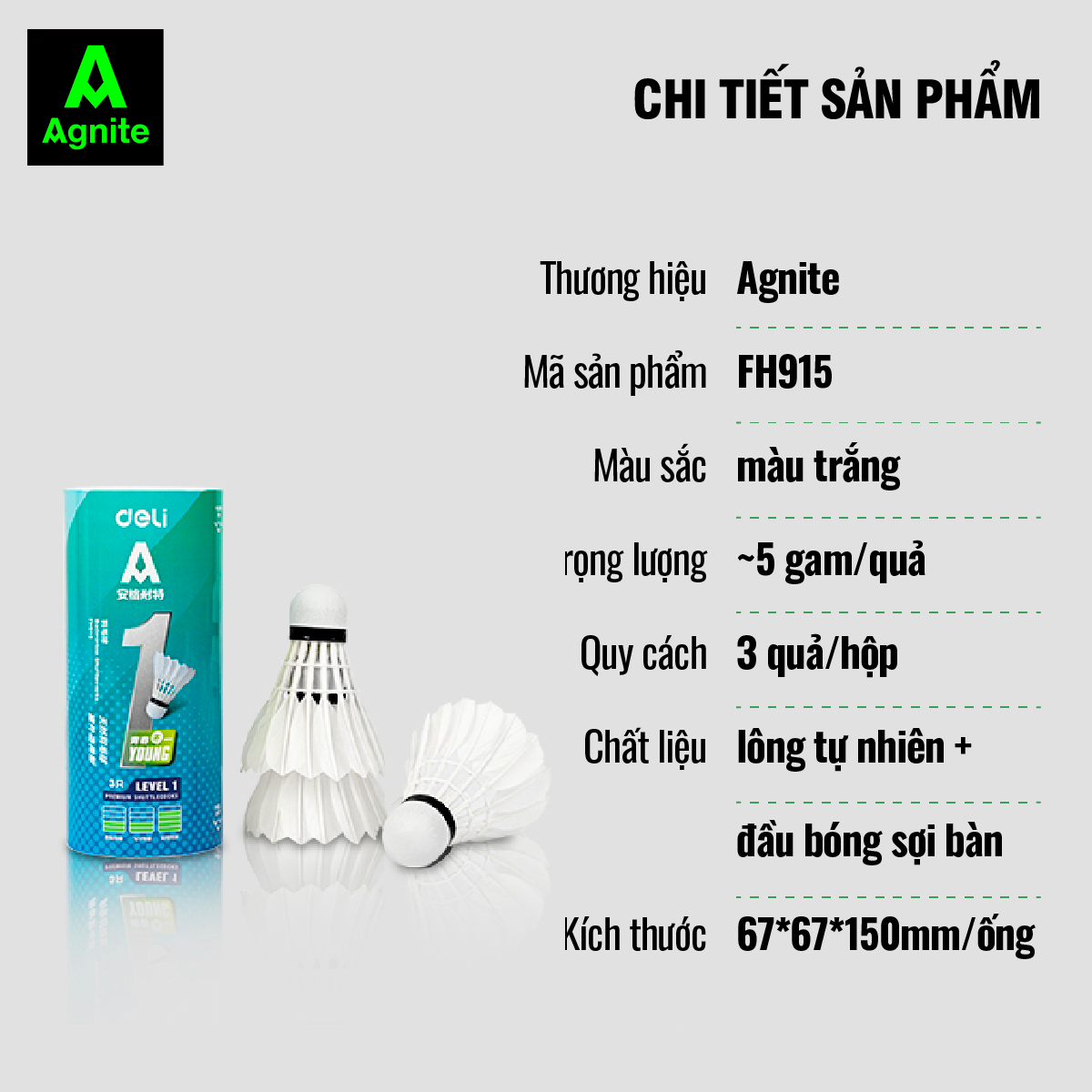 Hộp cầu lông cao cấp chính hãng Agnite, ống cầu lông vũ phục vụ luyện tập, thi đấu chuyên nghiệp - FH915