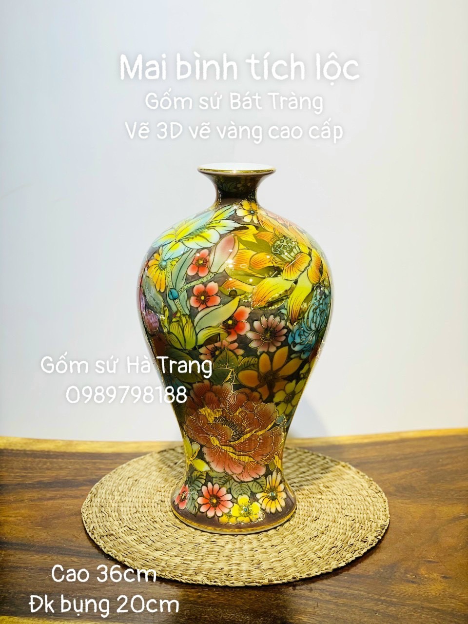 Mai bình tích lộc gốm sứ Bát Tràng cao cấp vẽ vàng