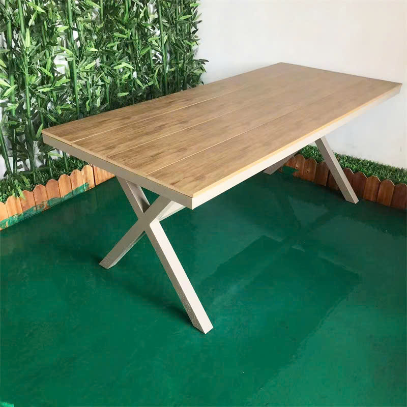 Bàn ăn lớn ngoài trời dài 2m2 TE2035-220A Nội thất Capta Bàn sân vườn biệt thự, Bàn dài cho Farmstay mặt nhựa giả gỗ bền với nắng mưa chân chữ X chéo cho 8 - 10 ghế