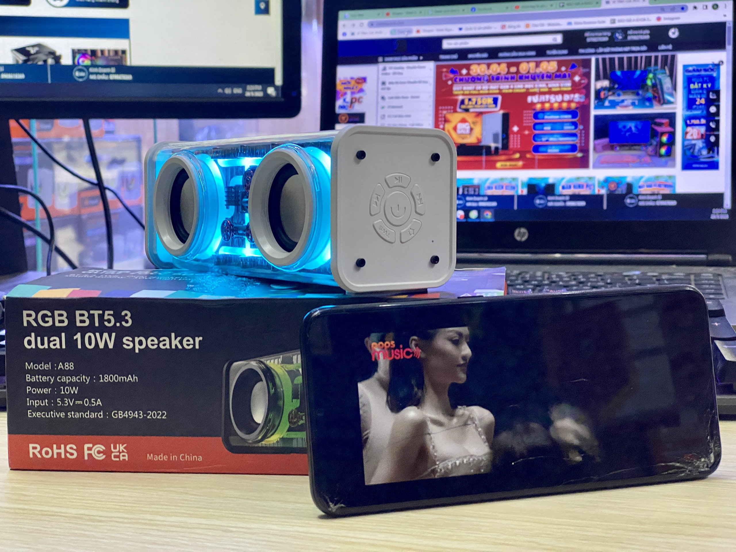 Loa bluetooth nghe nhạc v8 - A88 pin sạc, loa không dây hỗ trợ thẻ nhớ USB AUX