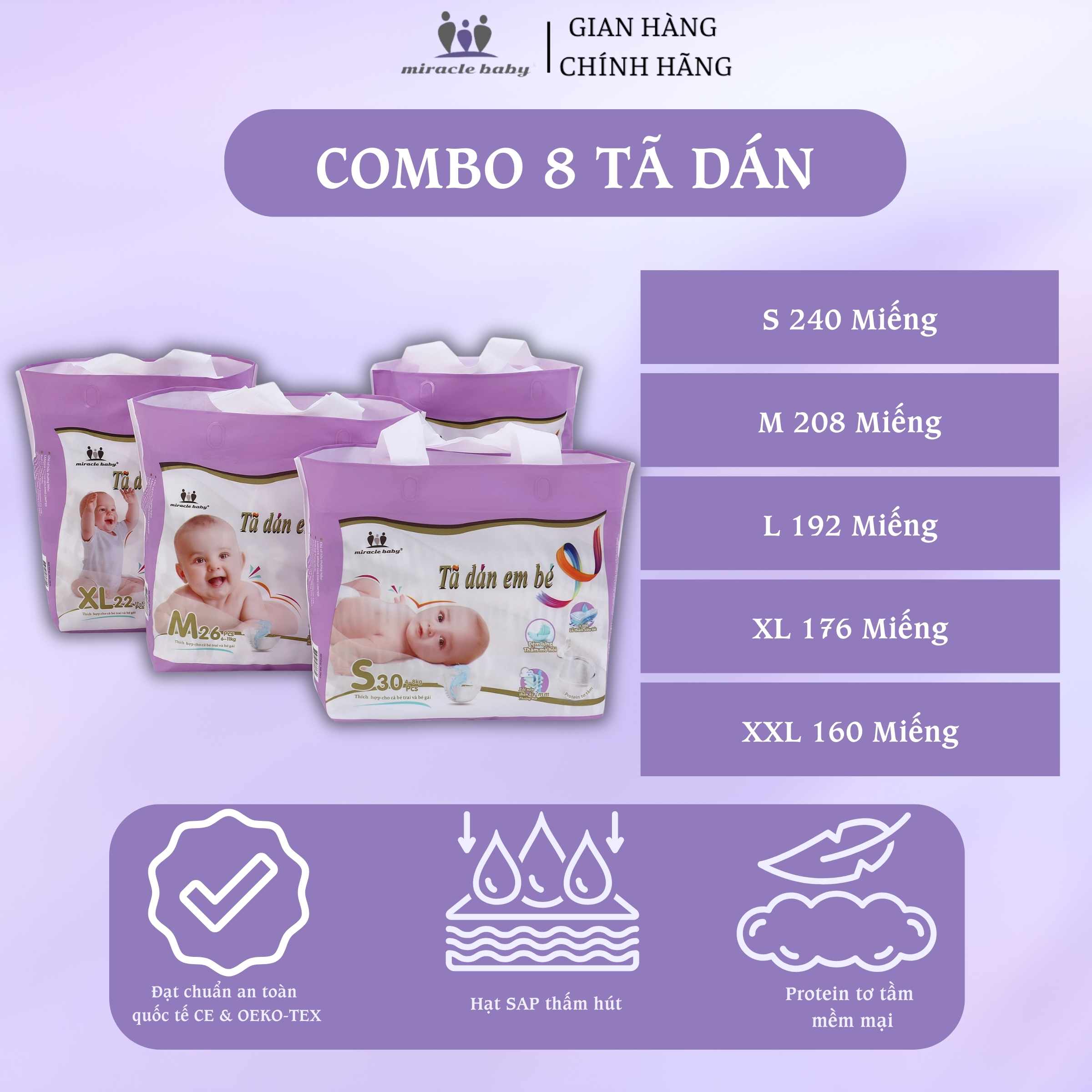 [COMBO 8] Tã dán / Bỉm dán Miracle Baby cho bé sơ sinh chất liệu Protein tơ tầm có 5 size S/M/L/XL/XXL