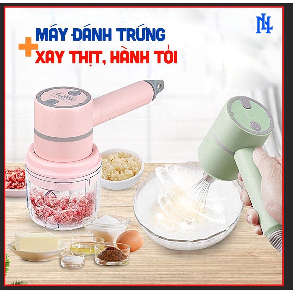 Máy Đánh Trứng Cầm Tay 3 trong 1 đa năng pin sạc S170 - Máy xay thịt tỏi ớt hạt tiêu đánh sữa cafe mini không dây - BH 1 Năm