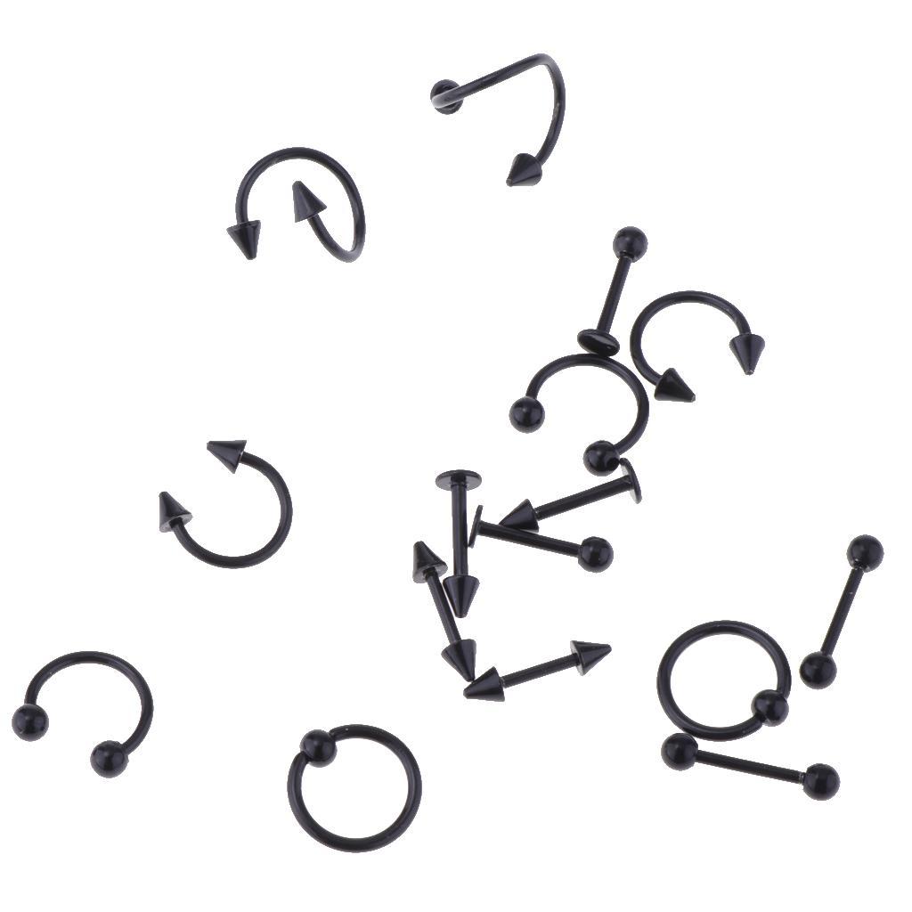 16 Pieces 16g Stainless Steel Assorted Eyebrow Ear Lip Navel