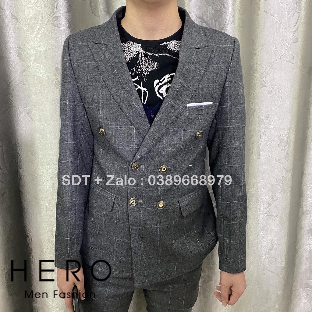 Bộ vest nam cao cấp Kẻ caro xám, Bộ suit Nam Hàn Quốc