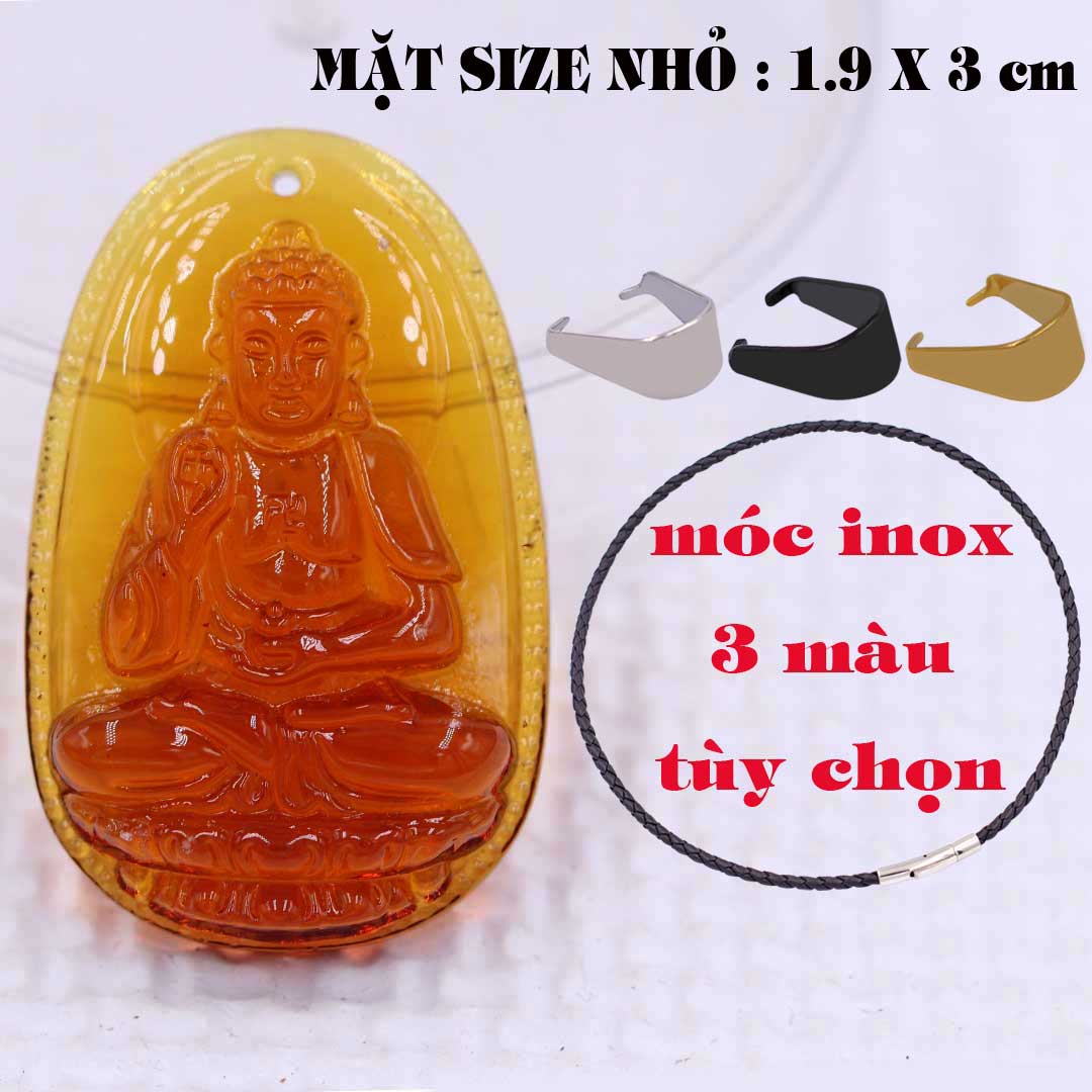 Mặt Phật A di đà pha lê cam 1.9cm x 3cm  kèm vòng cổ dây da đen + móc inox vàng, Phật bản mệnh, mặt dây chuyền