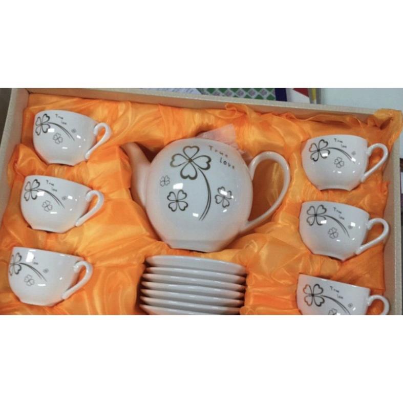 Bộ ấm chén uống trà sứ trắng hoa