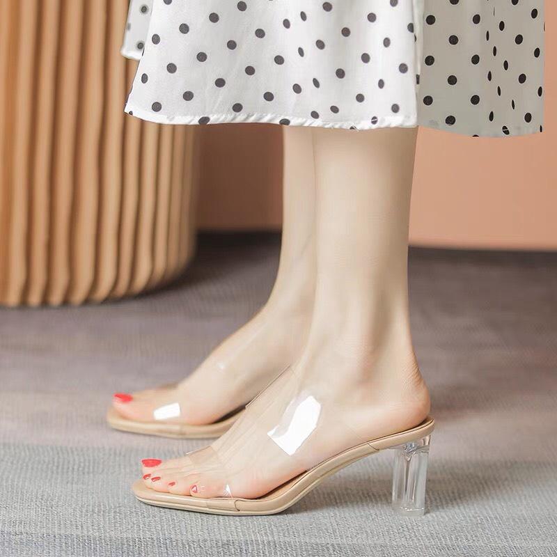 CÓ SẴN Dép cao gót meka trong 6 phân bản ngang quai trong thời trang big size 40 41 42 43 siêu êm chân