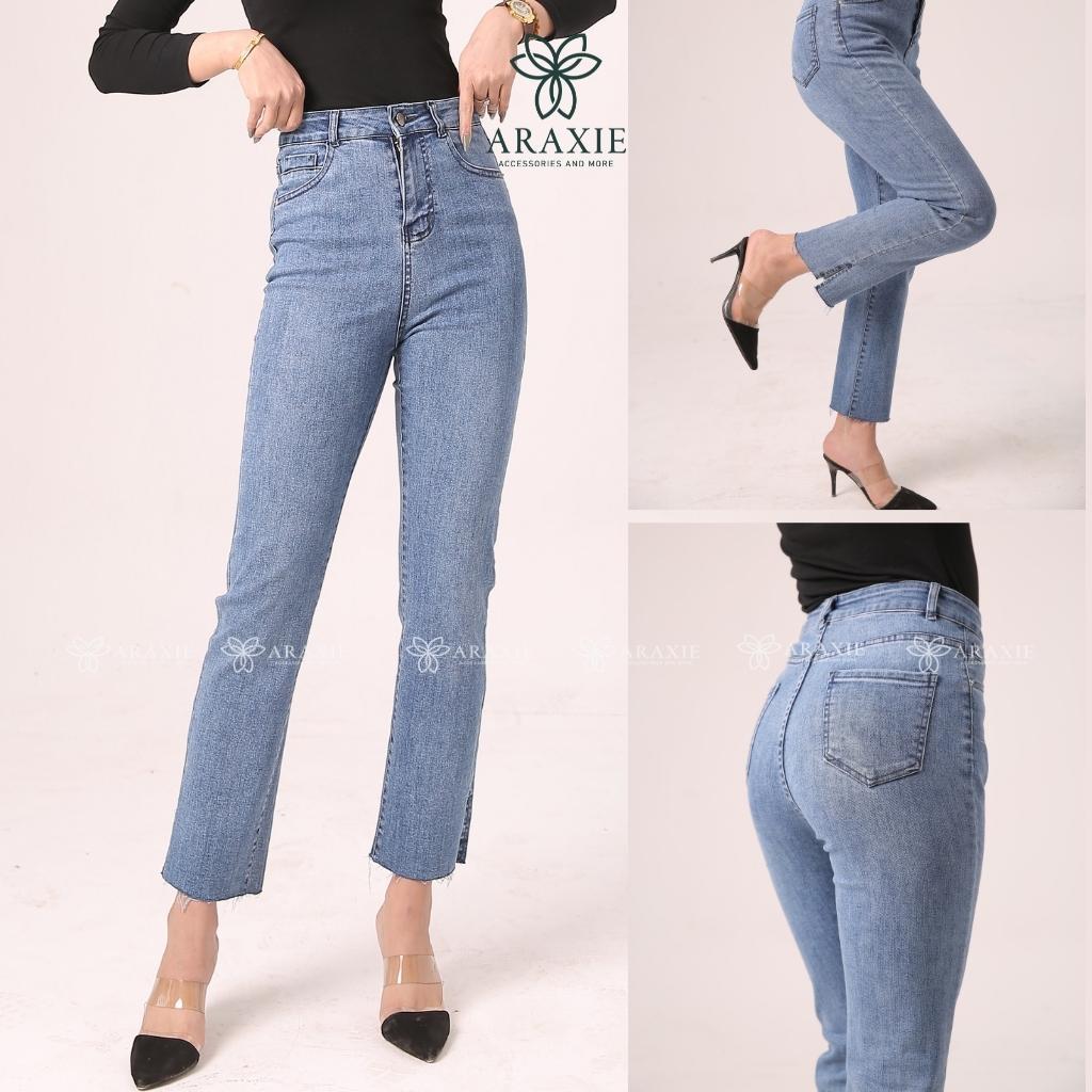 Quần jeans ống đứng nữ màu xanh xẻ gấu co giãn 4 chiều JAOD05