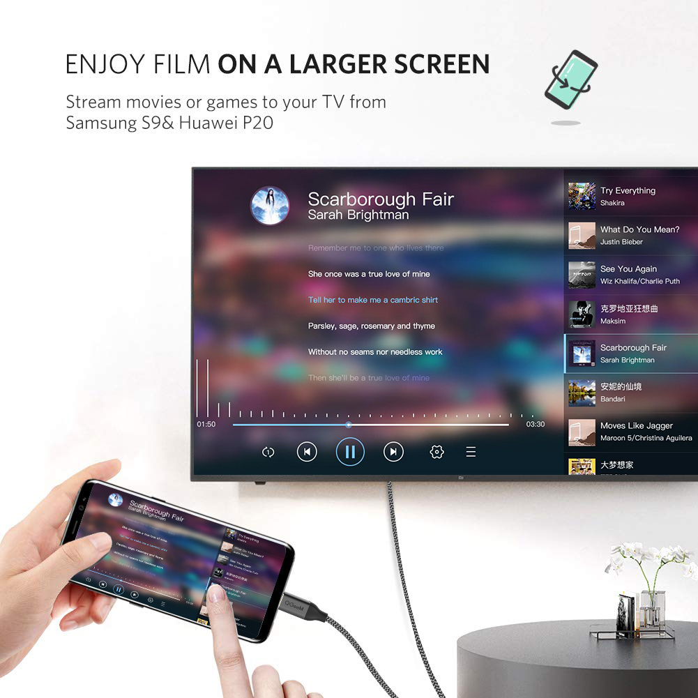 Cáp chuyển đổi Type C sang HDMI QGeeM dài 1.2m 4K@60Hz cho iPad Pro,MacBook Pro 2018 iMac, Pixel,Galaxy S9 Note9 S8 Surface Book HDMI Type C-Hàng Chính Hãng