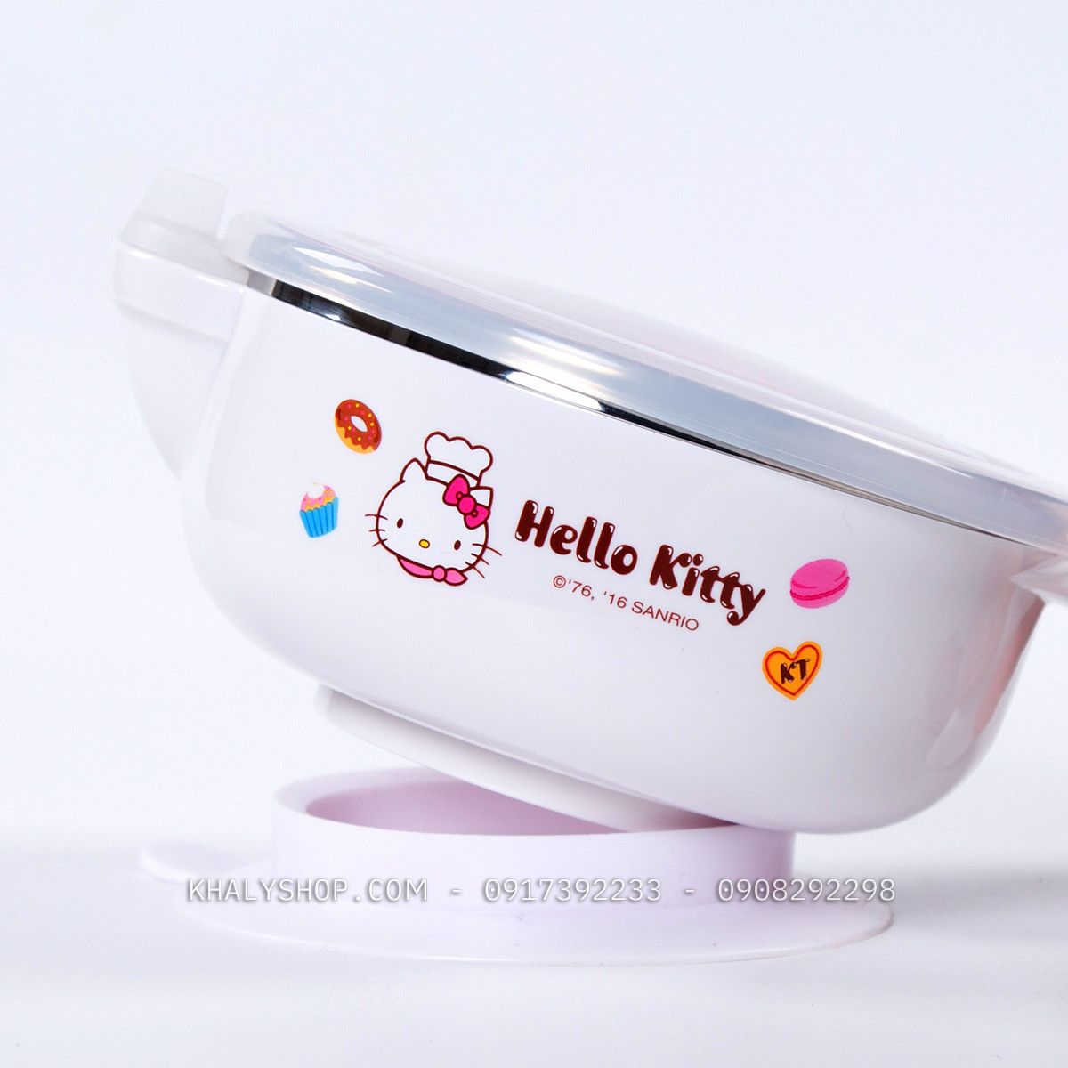 Tô ,chén giữ nhiệt inox có quai cầm tay hình mèo Hello Kitty màu trắng cho bé gái (17cm x 8cm) - CMKT002