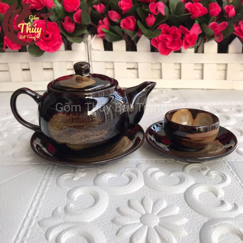 Bộ ấm chén men hoả biến cao cấp Bát Tràng màu đen, lòng chén hoa trắng 280ml