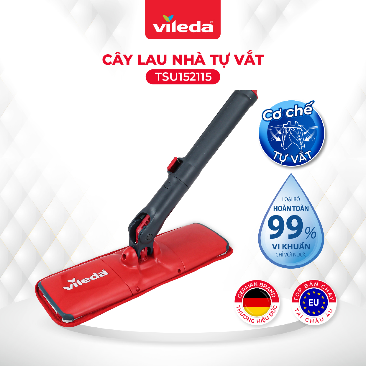 Cây lau nhà VILEDA UltraMax Easy Twist đầu lau hình chữ nhật, vắt nước tiện lợi
