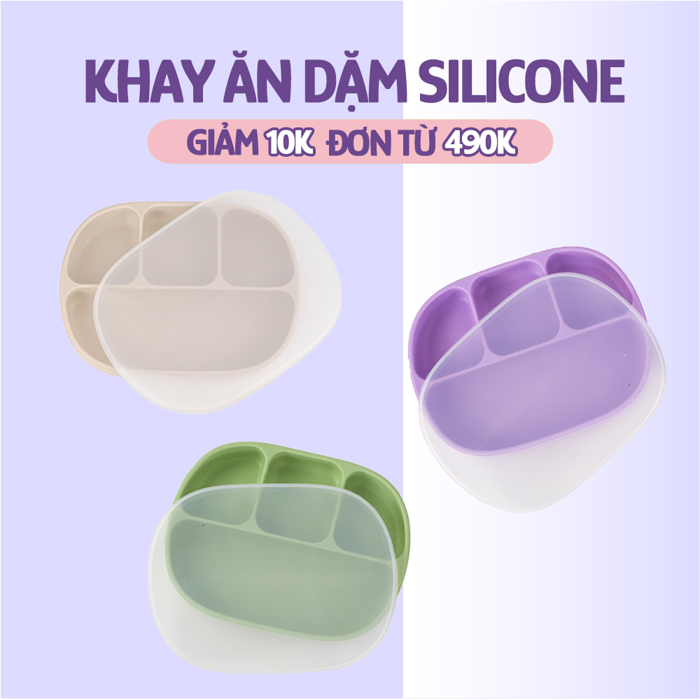 Khay Ăn Dặm Silicone Mama's Choice 2023, Giúp Bé Ăn Dặm Dễ Dàng Với Thiết Kế Đặc Biệt Đế Hít Chống Trượt Đổ và Nắp Đậy