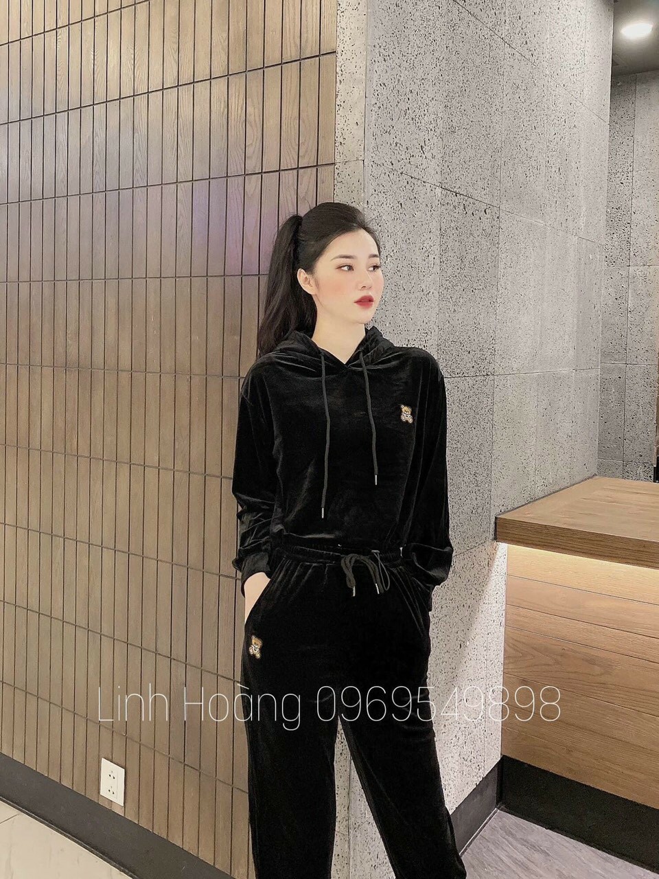 bộ thể thao nữ, set bộ thu đông dài tay có mũ nhung thêu gấu