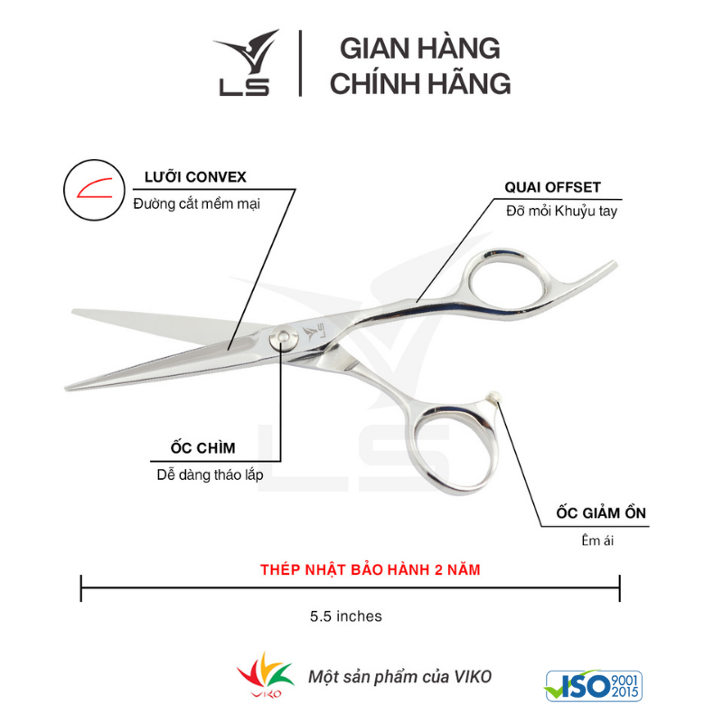 Kéo cắt tóc LS lưỡi thẳng quai offset vênh đỡ ngón cố định CB23/5.5