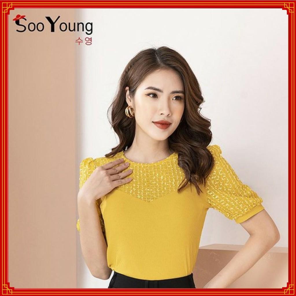 Áo thun tăm vàng cổ tròn cao tay bo phối ren ngực tay- Sooyoung