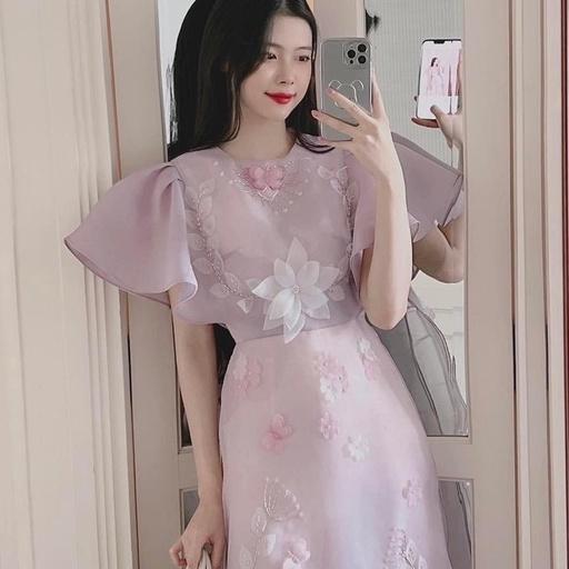 Áo Dài Thiết Kế Đính Hoa Tay Cánh Tiên 4 Tà , A12