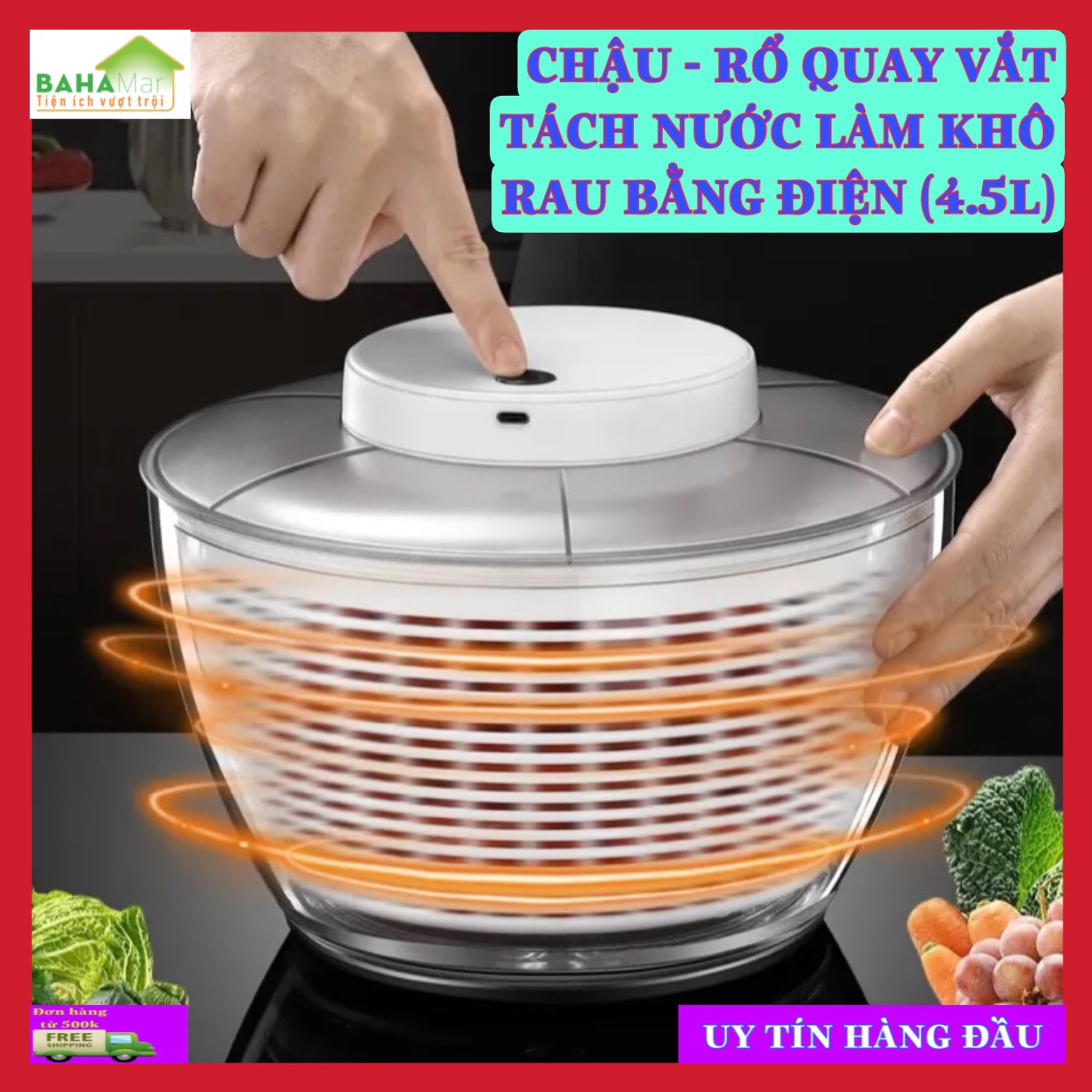 CHẬU - RỔ QUAY VẮT TÁCH NƯỚC LÀM KHÔ RAU BẰNG ĐIỆN (4.5L) "BAHAMAR" có thể sạc lại bằng USB, chỉ cần bật nút nguồn để khởi động và tự động dừng sau 20 giây.  Pin 1500mAh có thể sử dụng được 60 lần