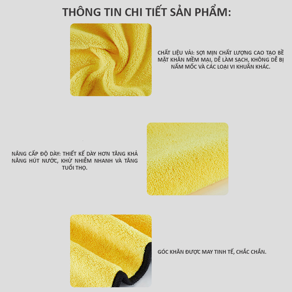 Khăn lau rửa xe ô tô hai mặt vàng xám mật độ cao khăn dày, mềm, mịn, thấm hút tốt kích thước 30x30 và 30x60 cm