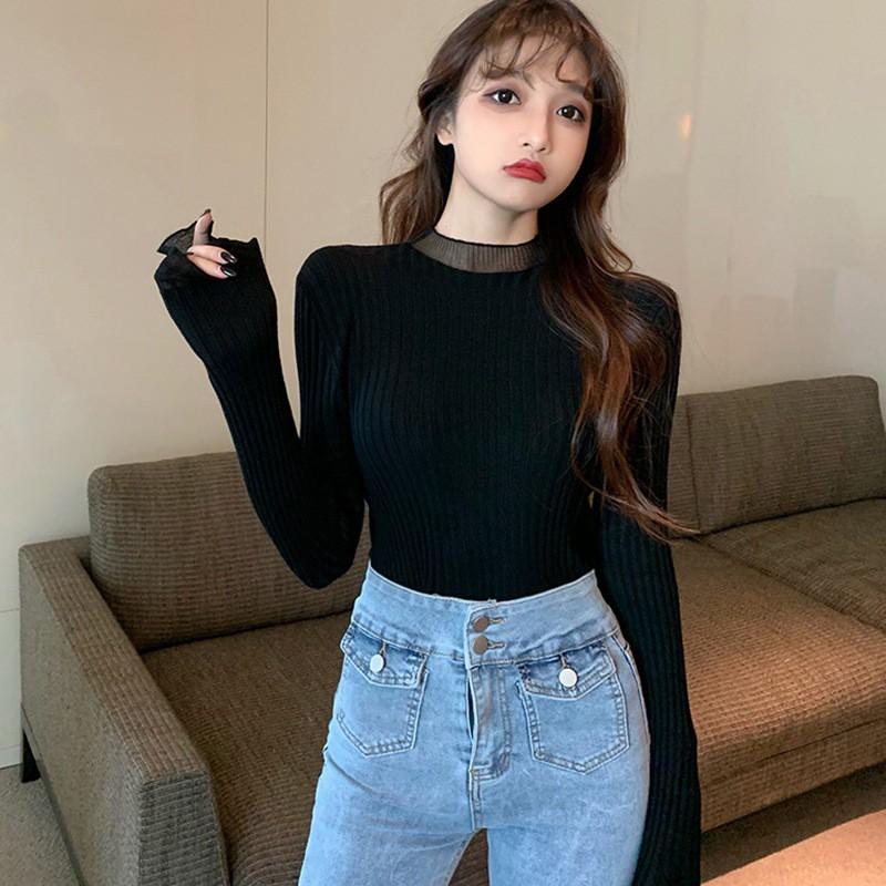 Áo dệt kim màu trơn cổ tròn phối ren kiểu tay dài trẻ trung xinh xắn