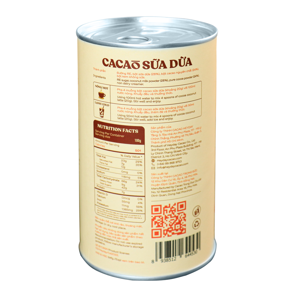 Bột cacao sữa dừa tự nhiên, thuần chay – Lon 350g – Bộ sưu tập sản phẩm cacao 