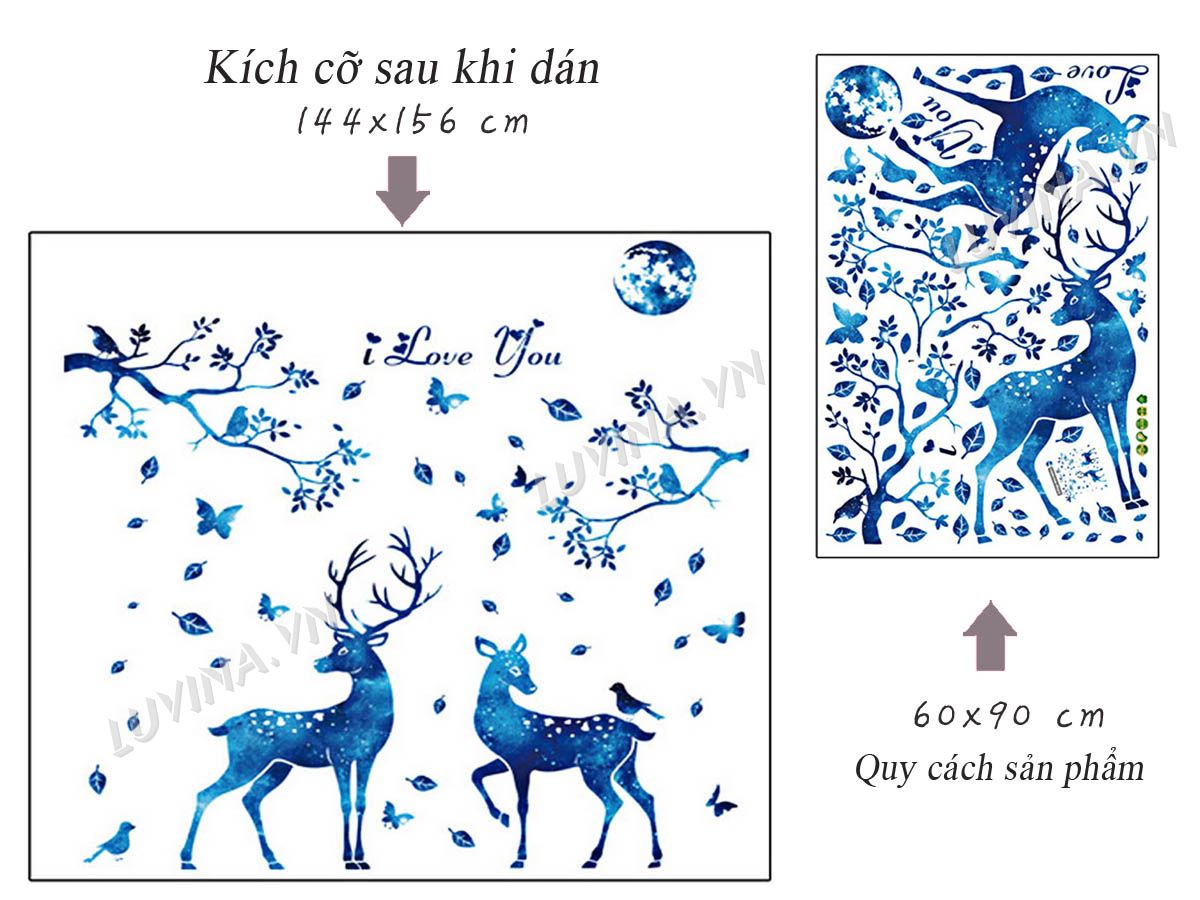 Decal dán tường Chùm đèn sao vàng và Hươu xanh - Hp554