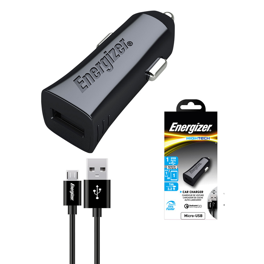 Adapter Sạc Ô Tô Energizer QC 2.0 Kèm cáp MicroUSB - DCA1QHMC3 - Hàng Chính Hãng - Đen