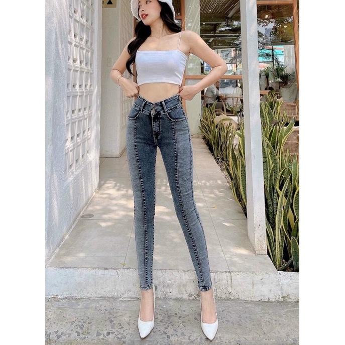 Quần jean Nữ Ghép Thân 2 Màu Lưng CAo Vải Mềm Co Giãn