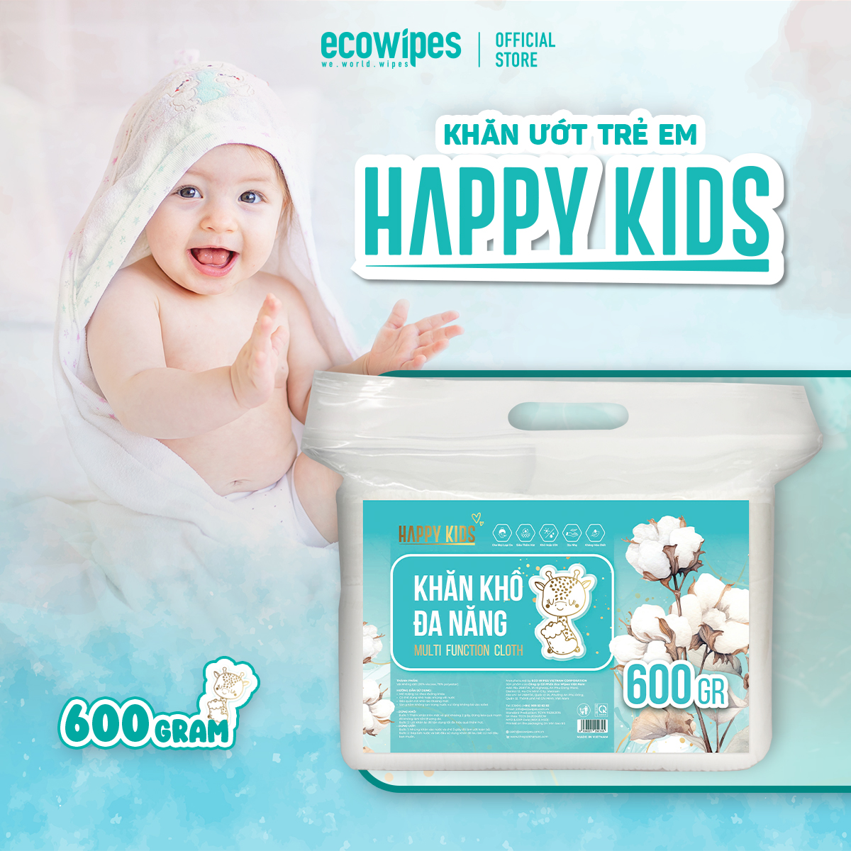 Combo 3 khăn vải khô đa năng HappyKids EcoWipes 600/900GR túi siêu tiết kiệm không chất tẩy trắng