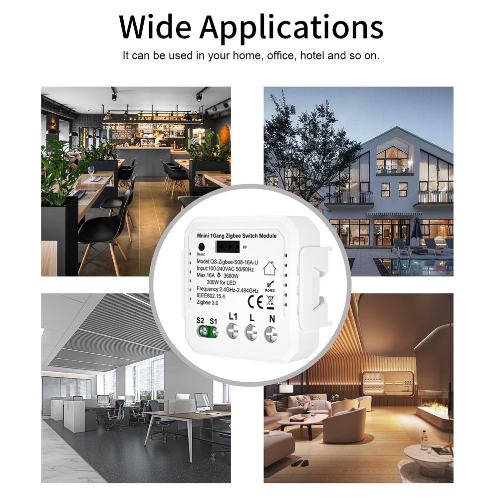 QS-zigbee-S08-16A-U Tuya ZigBee Zigbee Push Button Normal Switch Module Home Electrical Appliance Max 3 Gang Switch Control Module Mobilephone APP Remotely Control Compatible Alexa Google Home Voice Control Need to be Used with Gateways
