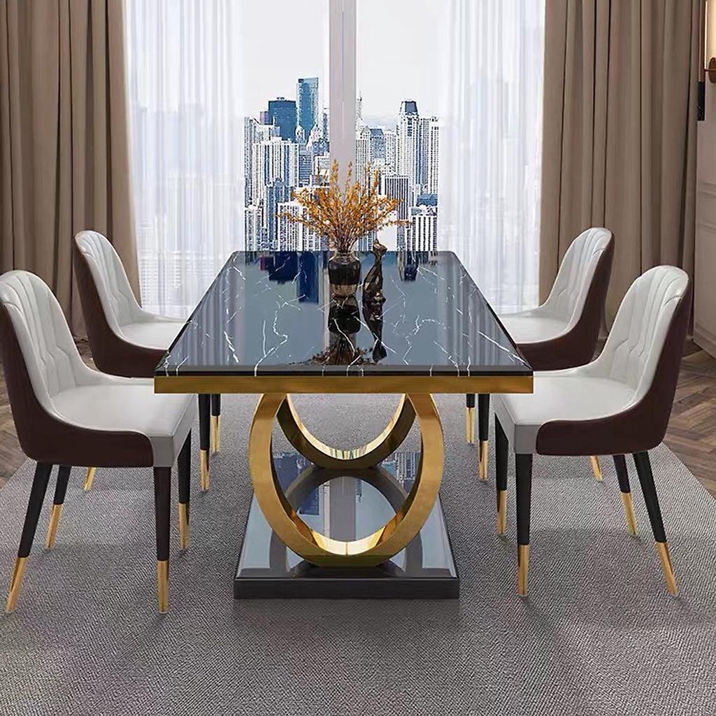 Bộ bàn ăn mặt đá Cẩm thạch nhân tạo khung inox mạ vàng kết hợp ghế Monet phong cách Bắc Âu