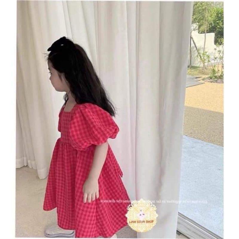 Váy bé gái- váy kẻ hồng đậm 2 nơ lưng