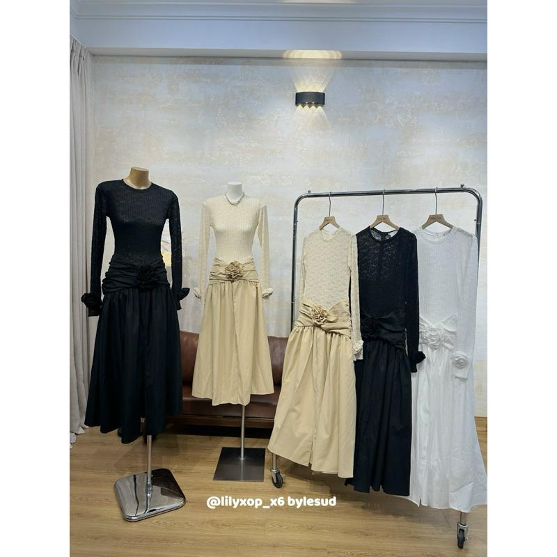Váy maxi dài tay ren pha chân thô eo xếp hoa cuốn LLX BY JOLIE - Be