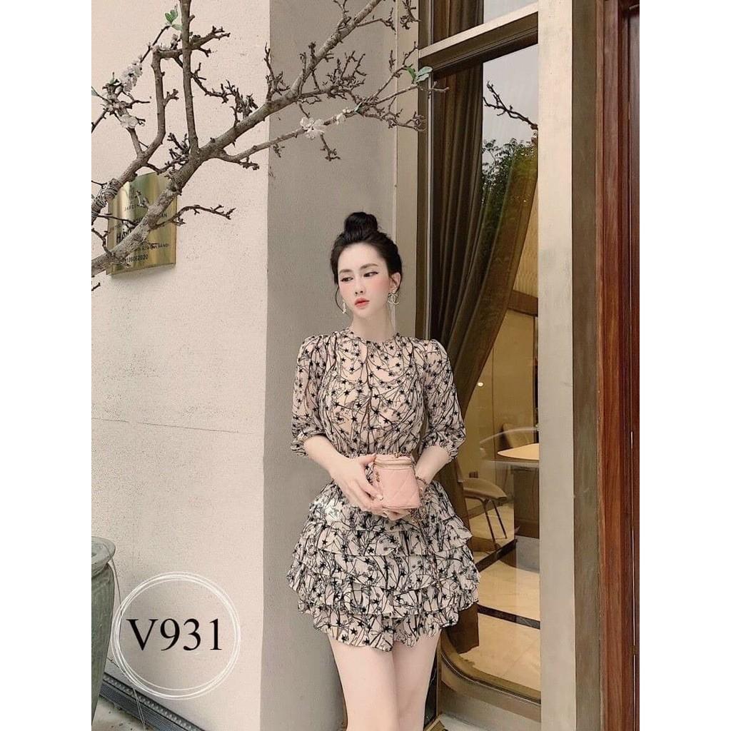 Đầm xòe 4 tầng màu nude phối họa tiết trẻ trung, ĐẦM SAO TẦNG