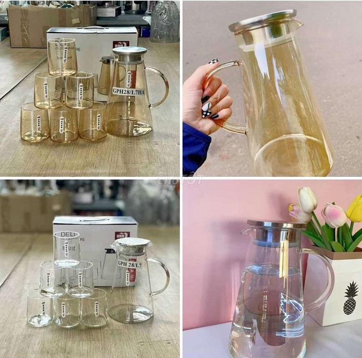 Bộ Bình Thủy Tinh Chịu Nhiệt Kèm 6 Cốc Không Quai Cao Cấp