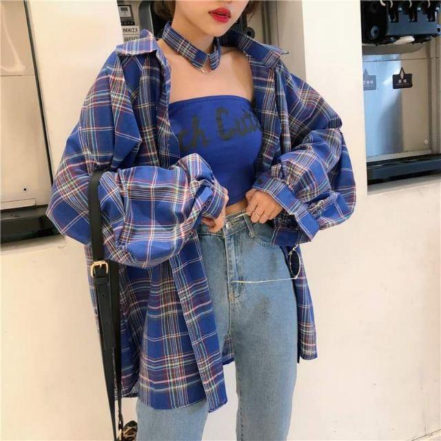 Set sơmi from rộng + áo ống + choker ulzzang
