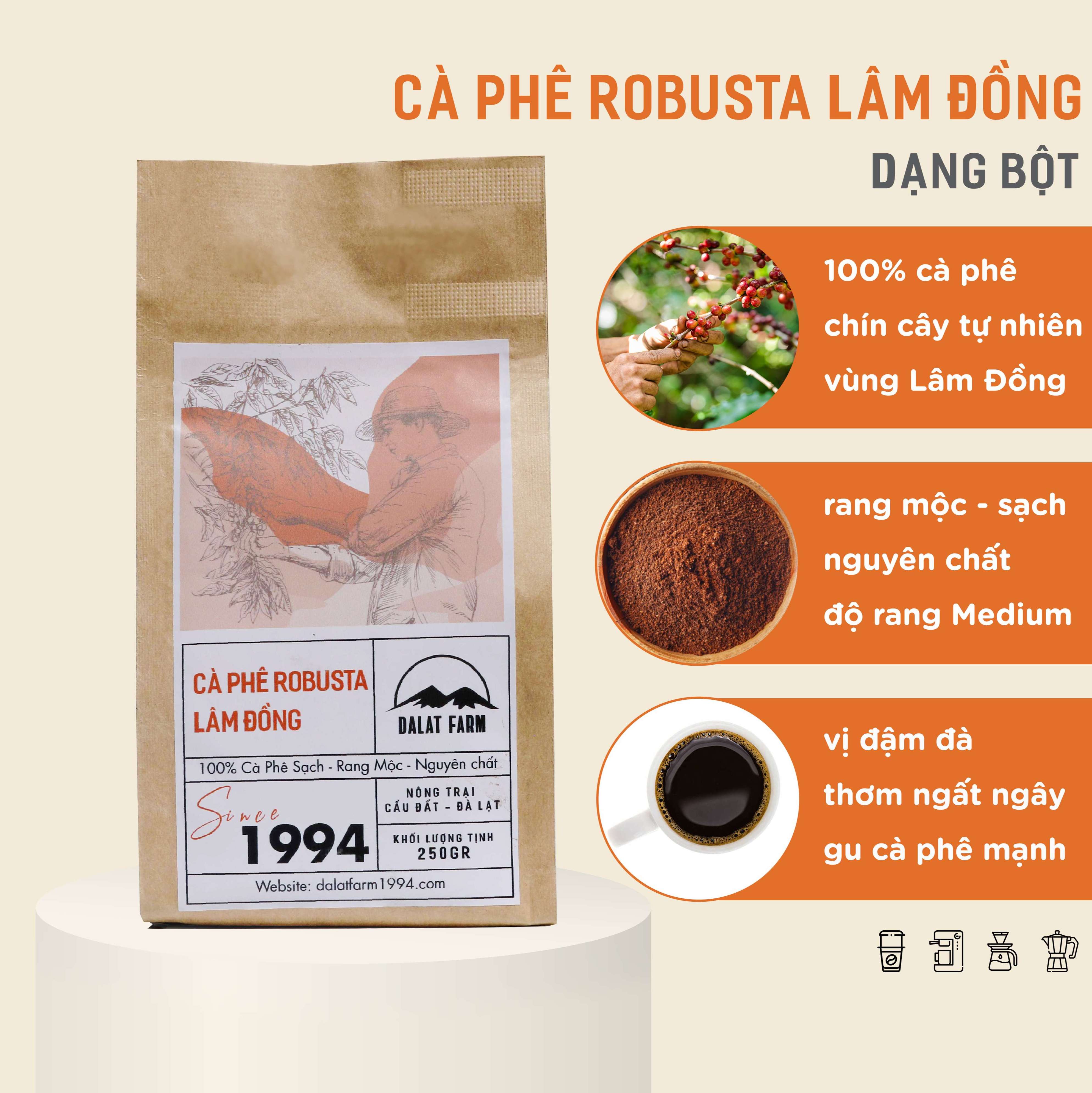 Cà phê Robusta Lâm Đồng rang mộc sạch nguyên chất - Túi 250Gr (Dạng Bột)