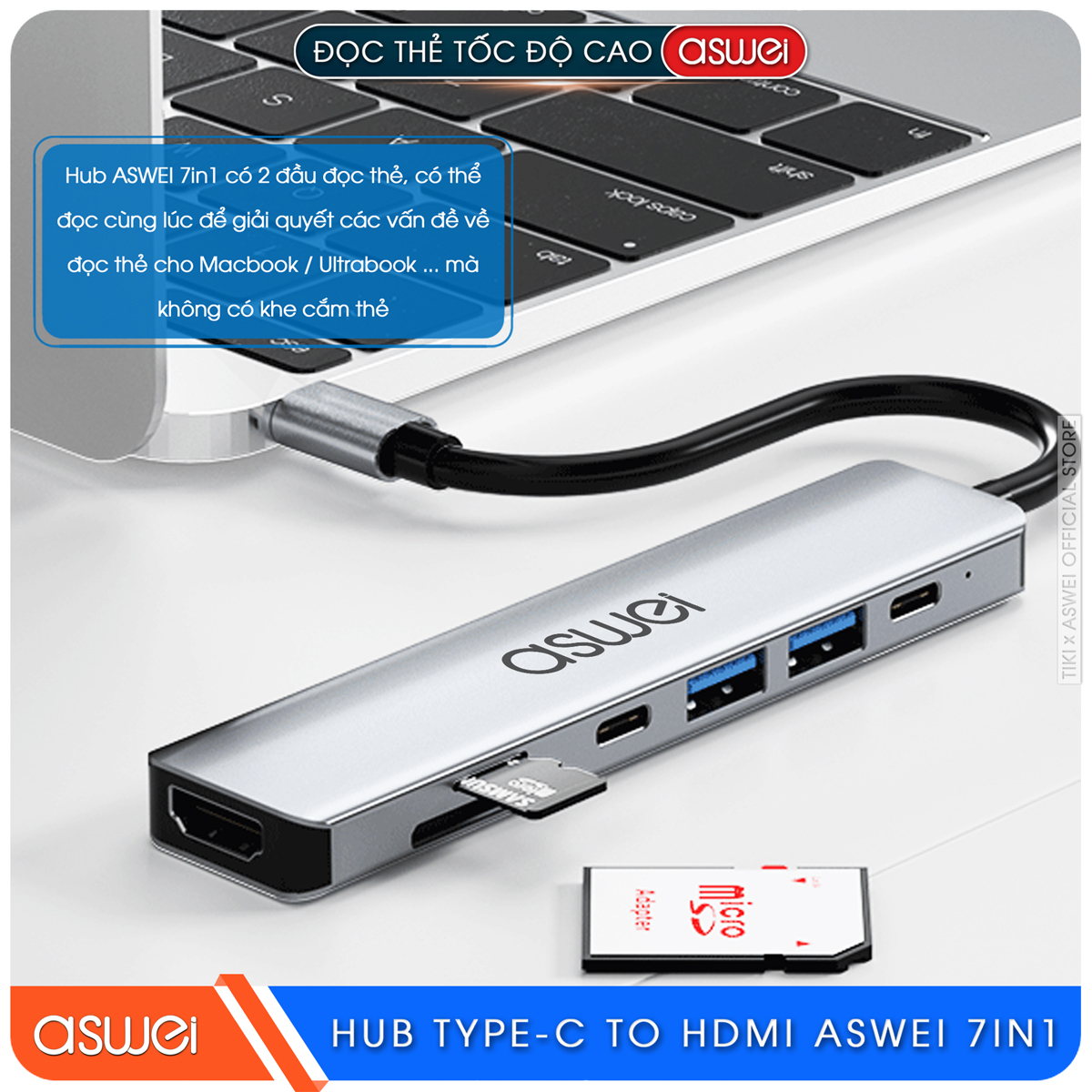 Hub Type C ASWEI 7 in 1 To HDMI, USB 3.0, SD, TF, USB-C, PD 100W - Hàng Chính Hãng