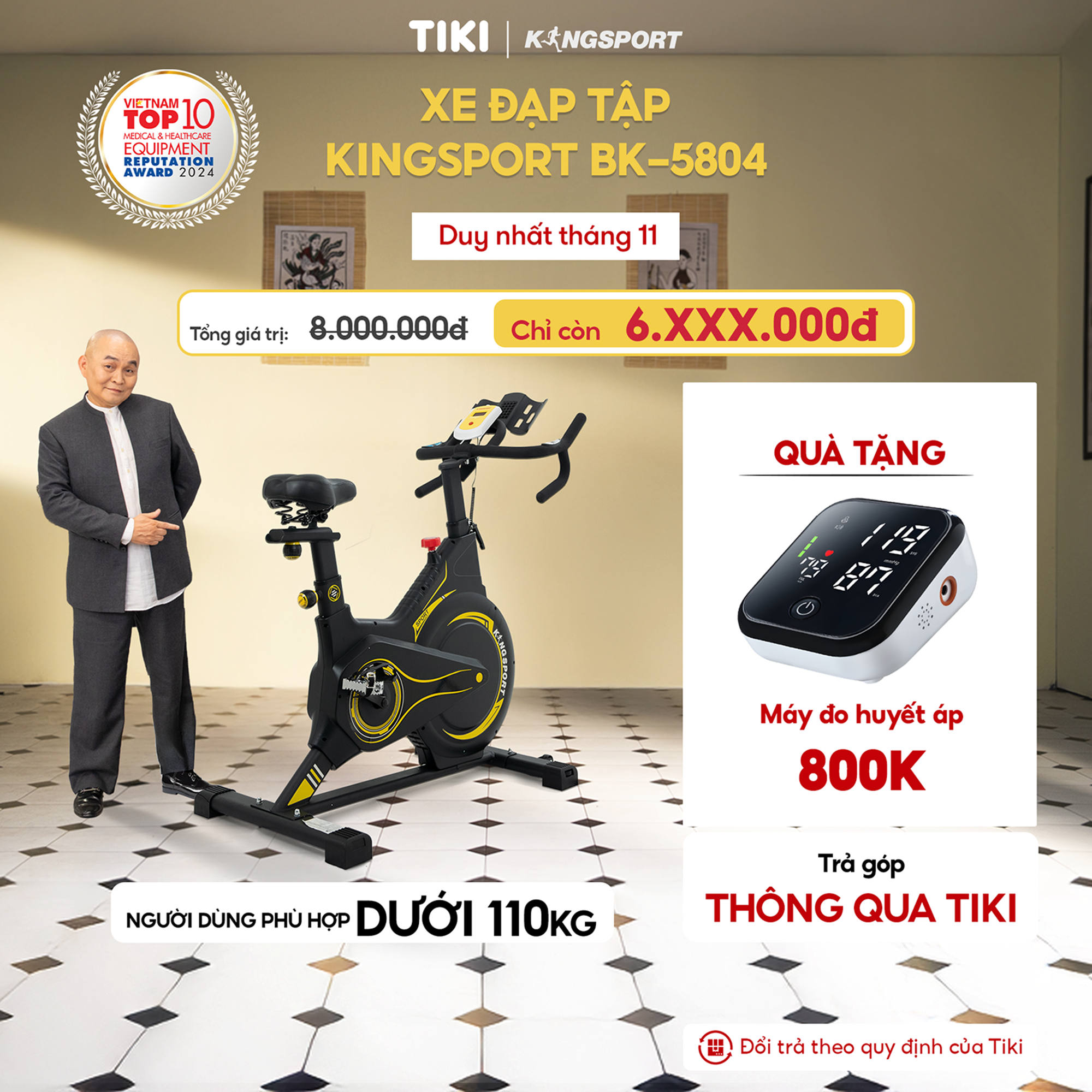 Xe đạp tập KINGSPORT BK-5804 kháng lực từ tính,  tích hợp đồng hồ đo lường chỉ số, cân nặng phù hợp từ dưới 100-110kg