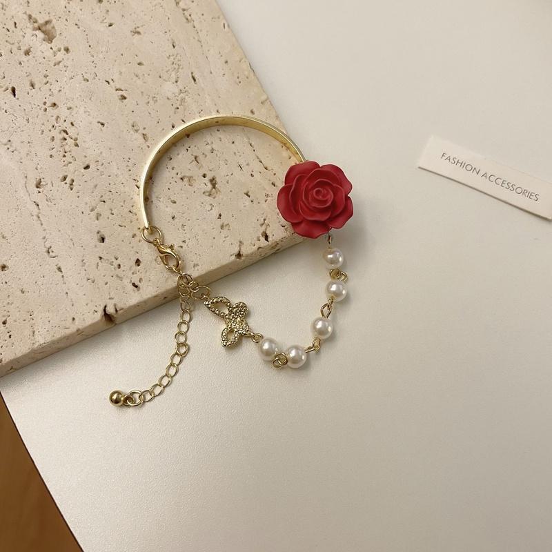 Vòng tay lắc tay nữ hạt ngọc hoa hồng đỏ thiết kế thanh lịch phụ kiện trang sức M194509
