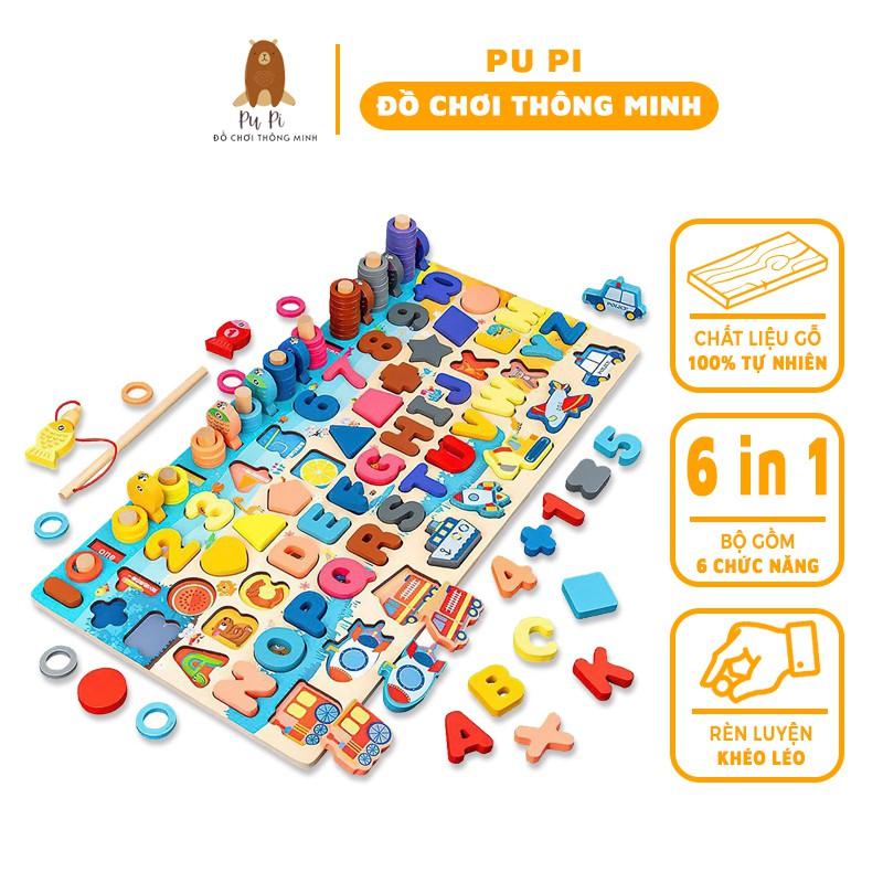 Câu Cá Gỗ Đồ Chơi 6 Trong 1 Đa Năng Kèm Hình Khối, Số, Chữ Và Phương Tiện Giao Thông - Giúp Bé Phát Triển Tư Duy