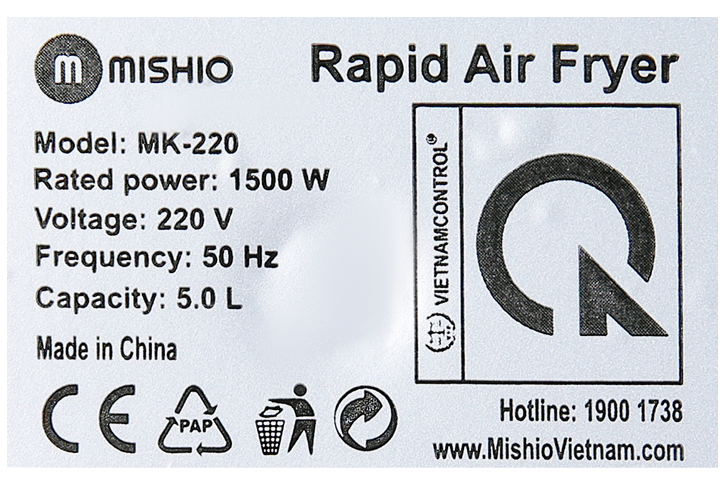 Nồi chiên không dầu Mishio MK-220 5 lít - Hàng chính hãng