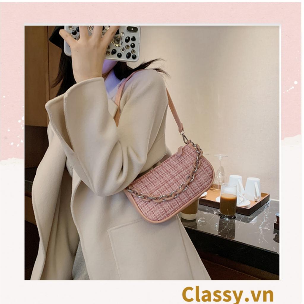 Túi Kẹp Classy nách dây xích màu trà sữa kiểu dáng Vintage phong cách Retro chất liệu vải tuýt sang trọng