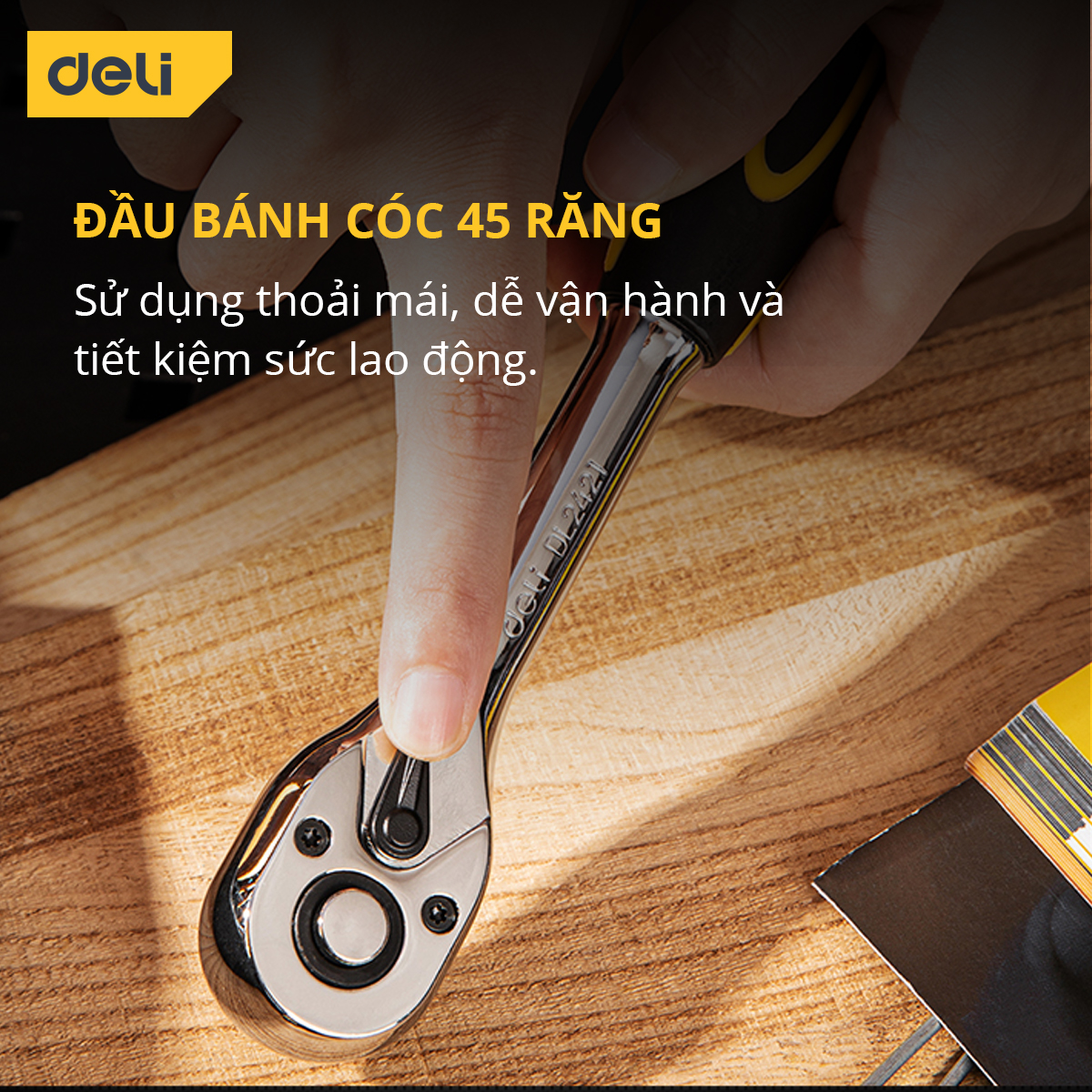 Cờ Lê Siết Lực 2 Chiều Deli - Chất Liệu Thép CR-V Cao Cấp - Kích Thước 6.3mm - 10mm - 45 răng - Vặn Bu Lông, Cân Lực