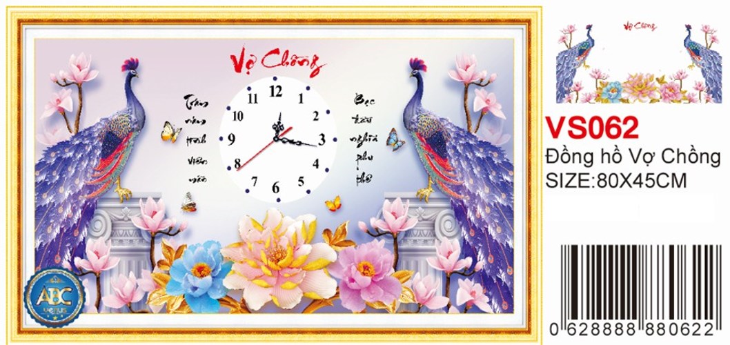 Tranh đính đá đồng hồ vợ chồng chim công VS062 - 80 x 45 cm - chưa đính