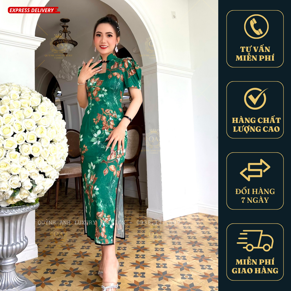 Sườn Xám Cổ Tàu Trung Hoa Lụa Ánh Kim Tone Xanh Sang Trọng Mia Dress