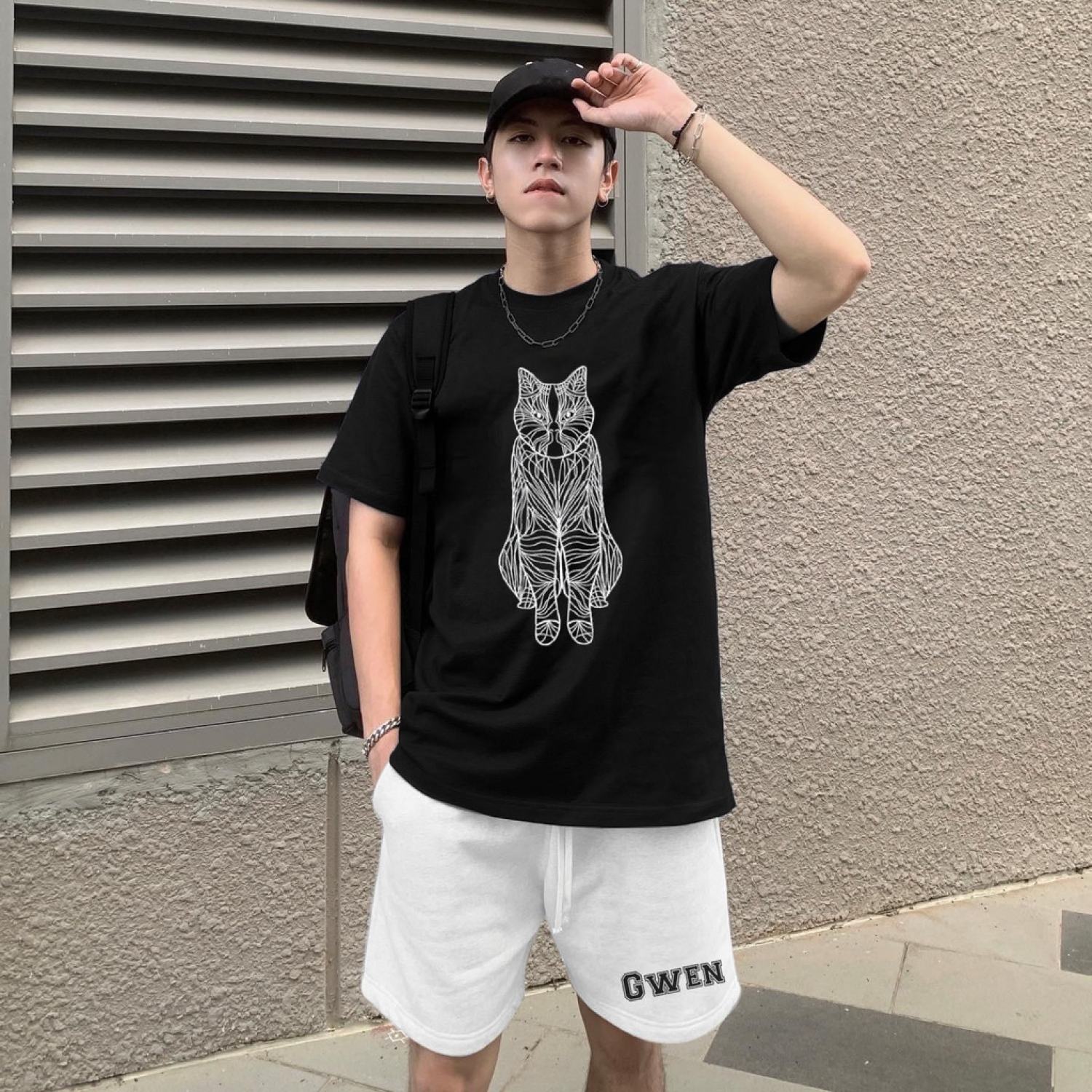 Bộ Quần Áo Thun Unisex CAT Form Rộng Phong Cách Hàn Quốc Chất Liệu Cotton Cao Cấp Thoáng Mát