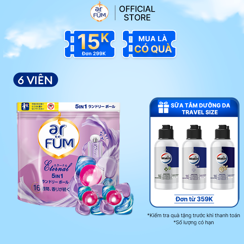 Túi Viên Giặt Xả Arfum 5 Trong 1 Mới Lưu Hương Lâu 16 Tuần, Khử Khuẩn 99 - 6 Viên Túi - Eternal