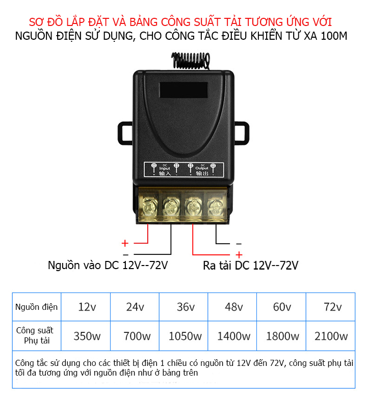 Công tắc điều khiển từ xa 12v 24v 36v 48v 60v 72v Rf 100m cho thiết bị điện 1 chiều DC 12 đến 72V, rơ le điều khiển từ xa, bộ điều khiển từ xa